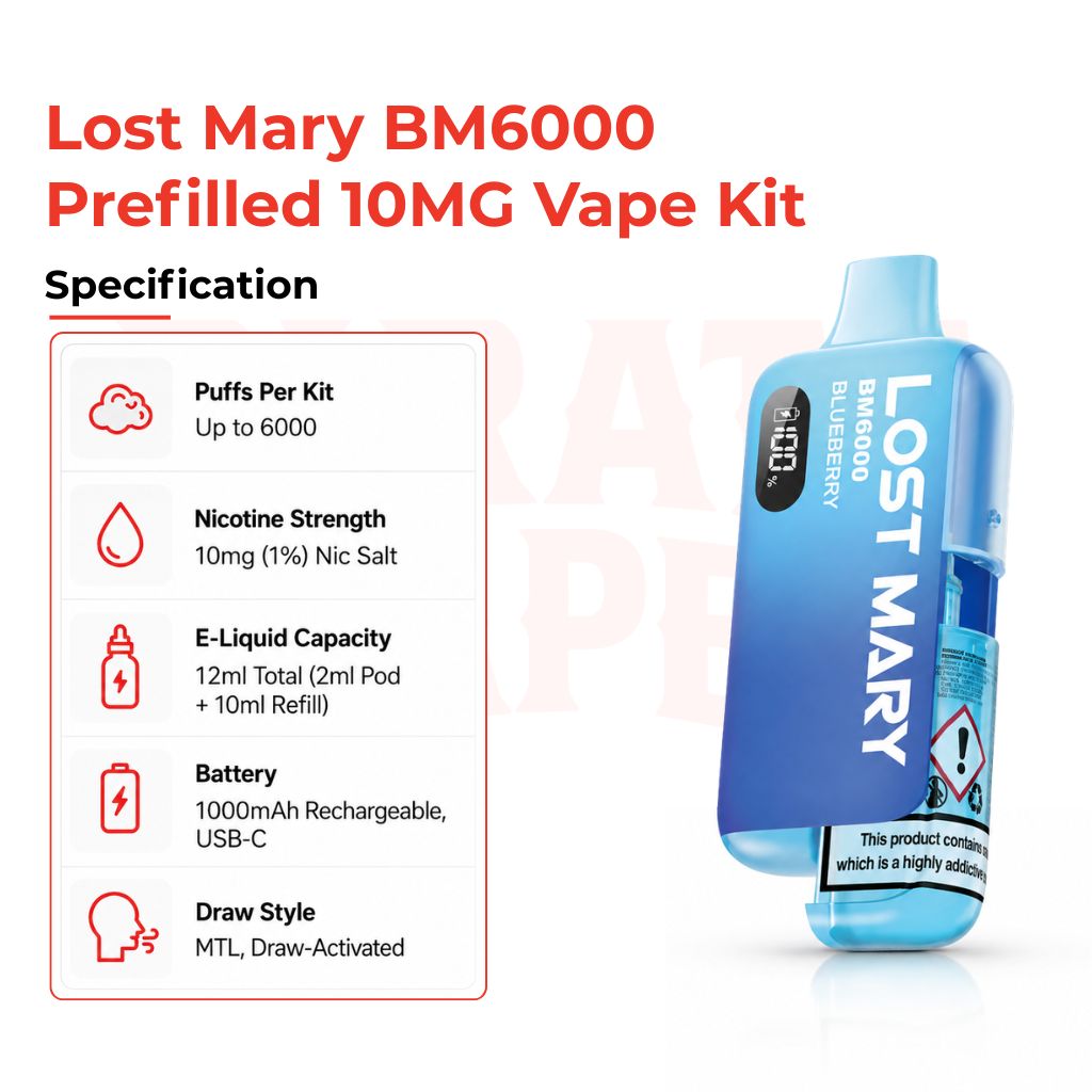 Specification Of Lost Mary BM6000 Prefilled 10MG Vape Kit 